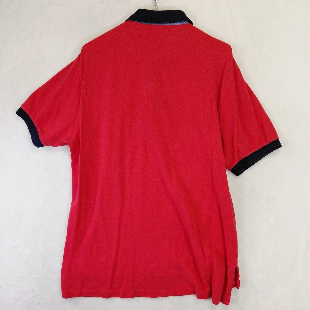 Polo Ralph Lauren Mens Large Red Navy Blue Contrast Collar Pique Polo Shirt